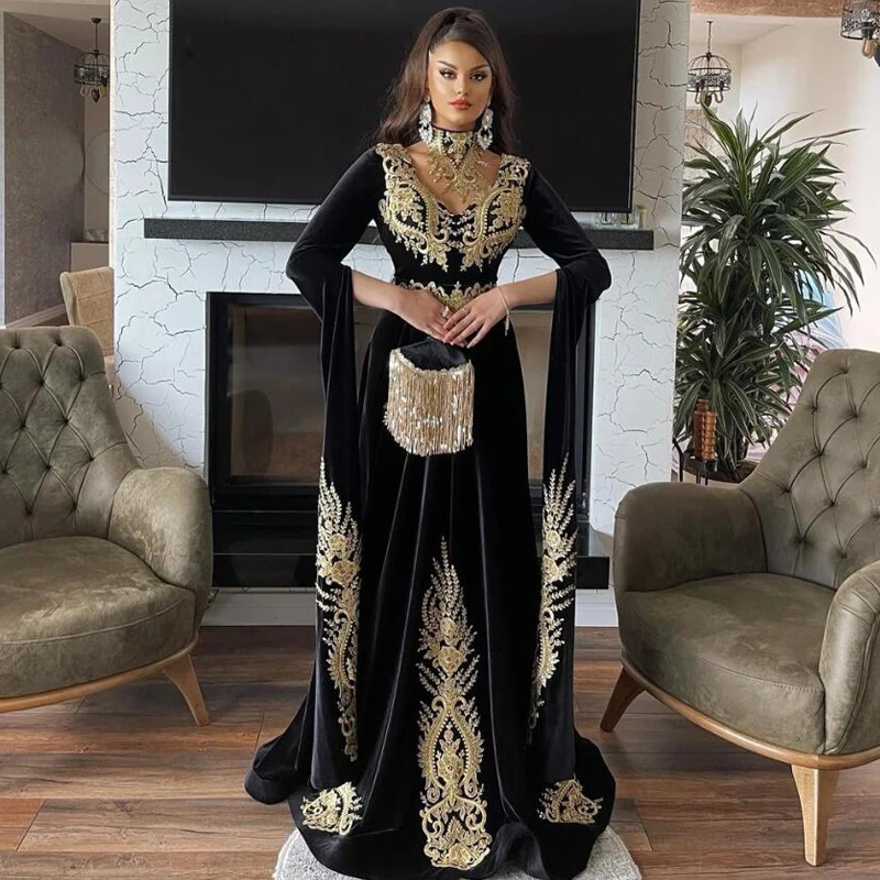 Thinyfull-vestido de noche de caftán marroquí de terciopelo negro, bordado dorado, manga larga, Dubai islámico, Abaya árabe saudita, vestidos de graduación