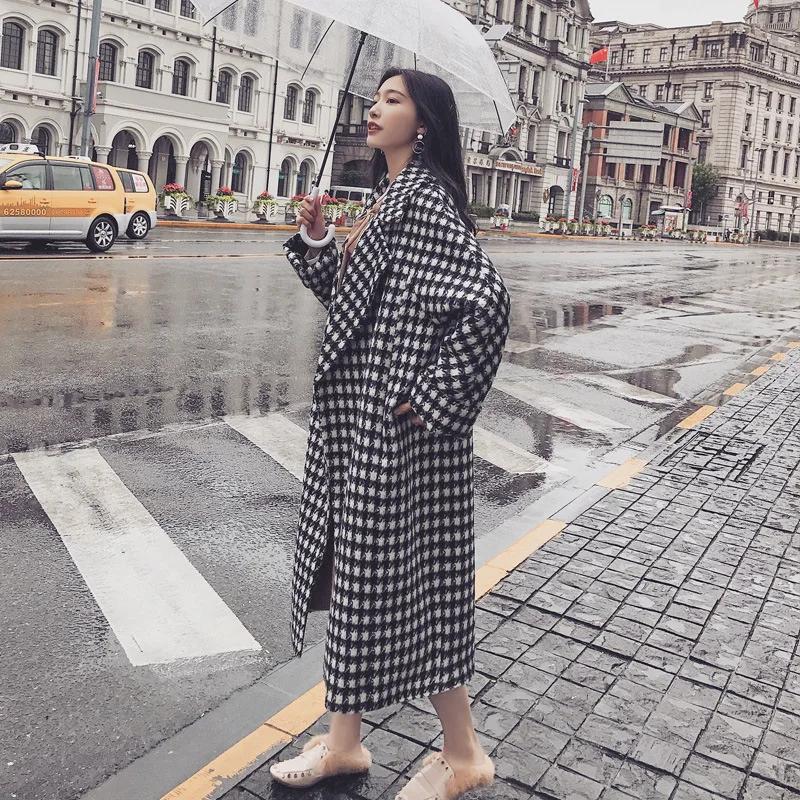 

Checked Woolen Coat Women Warm Plaid Long Coat Oversized Thick 2024 Fall Winter New Wool Coat Houndstooth Coat Female Streetwear