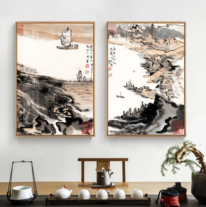 Ancient Chinese Style Landscape Mountain Office Decorative Poster Wall Art Canvas Painting Picture Print Living Room Home Decor