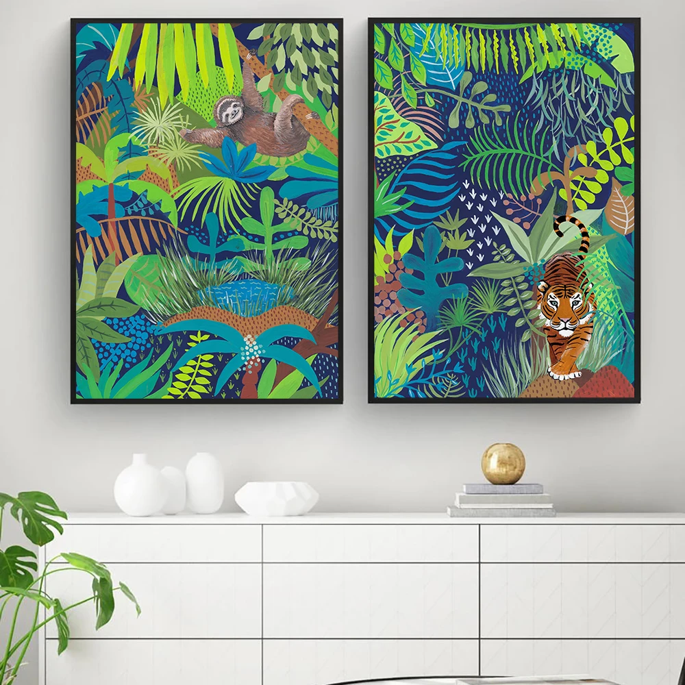 Sloth Monkey Tiger Jungle Nordic Posters and Prints Rainforest Tree Wall Art Canvas Painting Wall Pictures for Living Room Decor