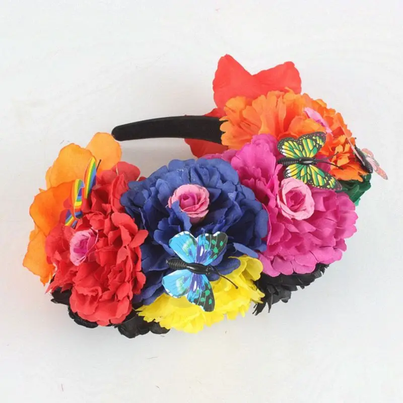 Halloween Simulation Colorful Peony Flower Headband Fairy Butterfly Mexican Crown Cosplay Day of The Dead Headpiece