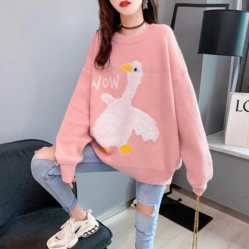 Blue Sweater Women Loose Korean Wear Lazy Pullover Autumn Winter 2021 New Popular Sweet Cute Wow Duck Cartoon Harajuku Thick