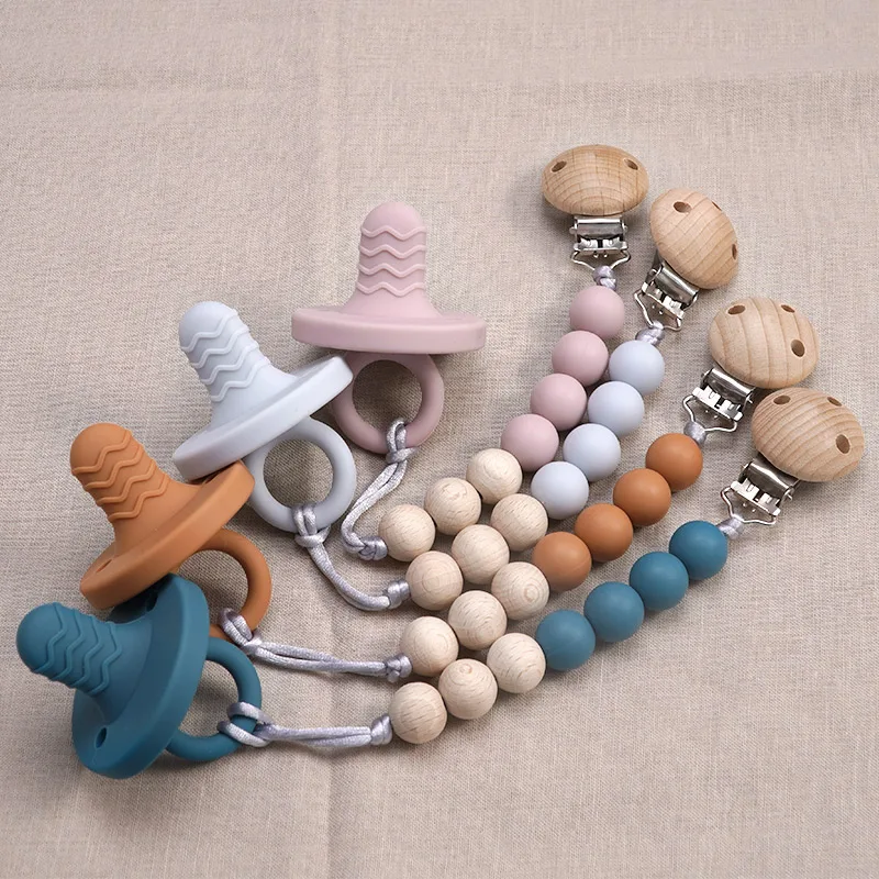 Newborn Fashion Pacifier Feeding Comfort Clip Custom Personalized Baby Wooden Silicone Metal Clip Pacifier Chain