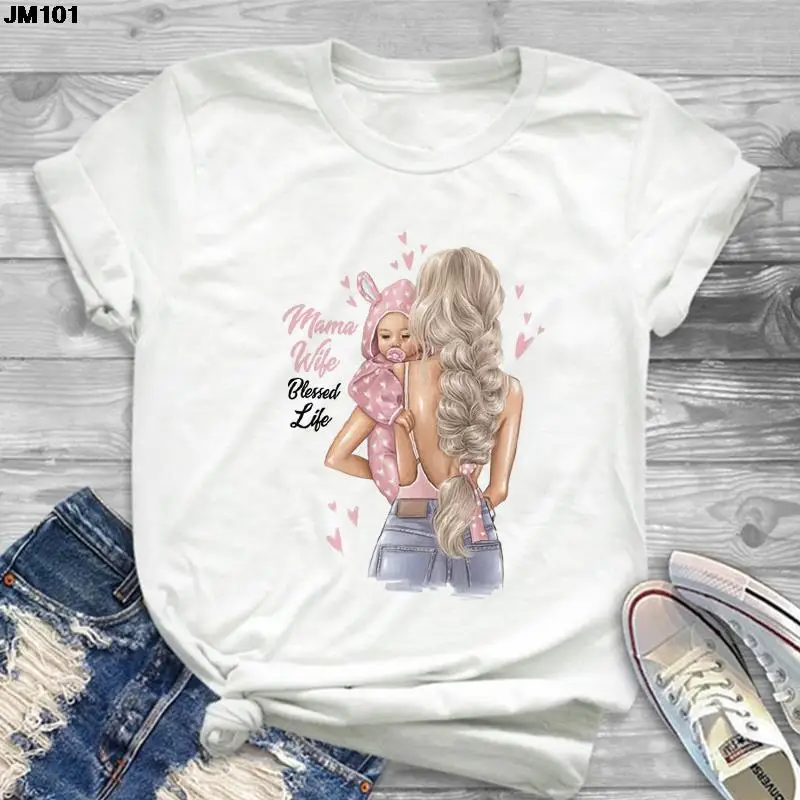 Harajuku Cartoon Print T-shirt for Women, Super Mom Life, Graphic Female Clothing, Pink Tee, Top for Ladies, Summer