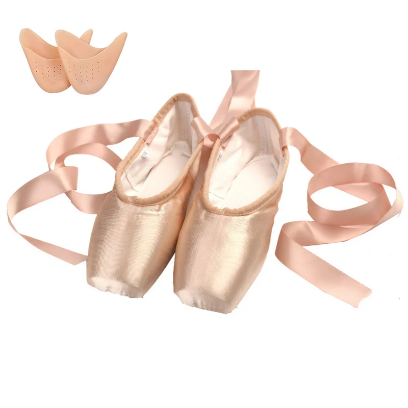 USHINE Girls Women Dance Shoe Pink Ballet Pointe Slippers Ballet Flats Shoes with Ribbons Toe Pads Pink