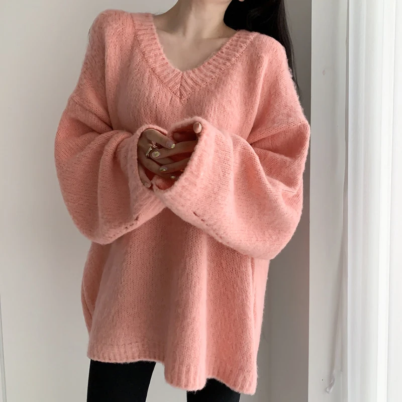 Winter Pull Oversize Femme Casual Loose Oversized Sweater Women V Neck Long Knitted Pullovers Purple Green Grey Sweaters Coats