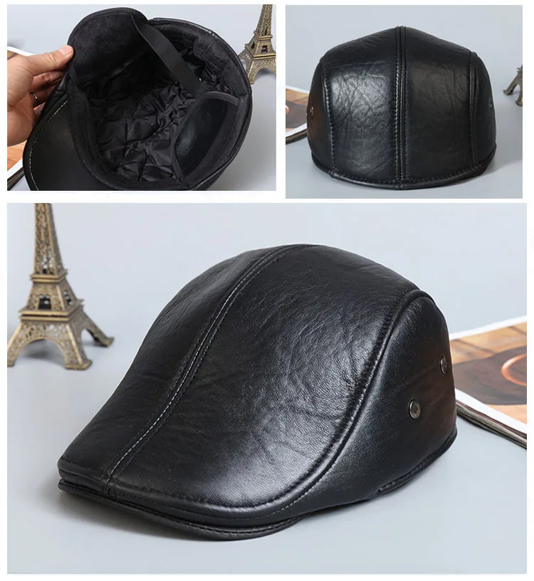 2021 Autumn and Winter First Layer Cowhide Men\'s Hat, Leather Ear Protection Beret, Sheepskin Outdoor Forward Cotton Hat