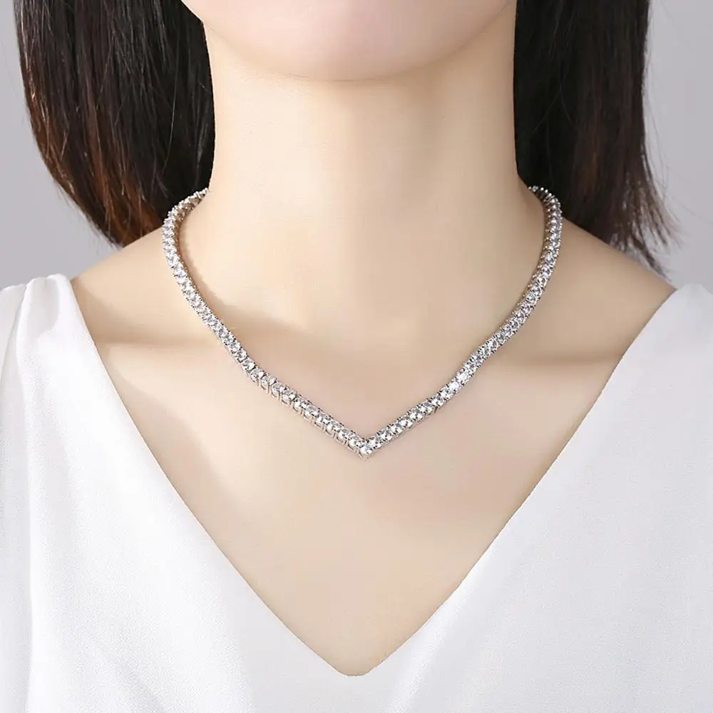 LUOTEEMI New V Shape Luxury Tennis Necklace for Women Small Cubic Zircon Paved Girl Fashion Jewelry Wedding Bridal Tennis Choker