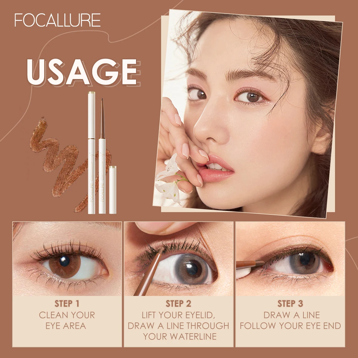 Focallure-防水マットアイライナーペンシル、長持ち、黒、茶色、速乾性アイライナー、ジェルペン、アイメイク、化粧品、1.7mm