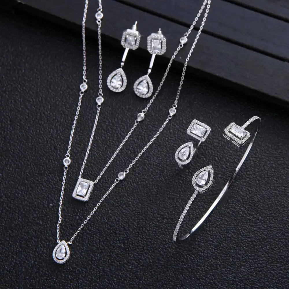 

Wedding Double-deck Necklace Earrings Bangle Ring For Women Full Cubic Zirconia Bridal Jewelry Sets Pendientes Mujer Moda D13081