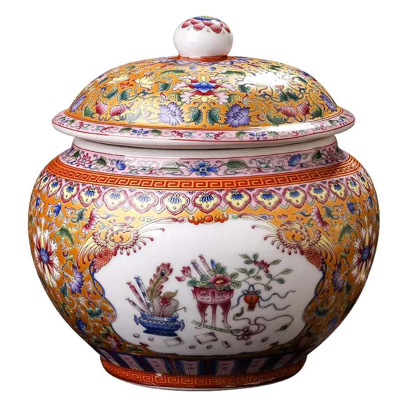 

Jingdezhen Ceramic Enamel Tea Pot Ceramic Jar Household Antique Cover Storage Tank Pu'er Tea Caddy
