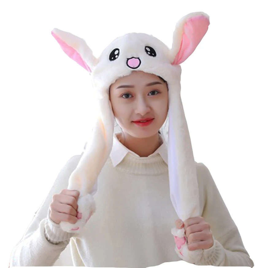 

Rabbit With New Ear Movement Hood Hat Plush Toy Birthday Stuffed Cap Gift