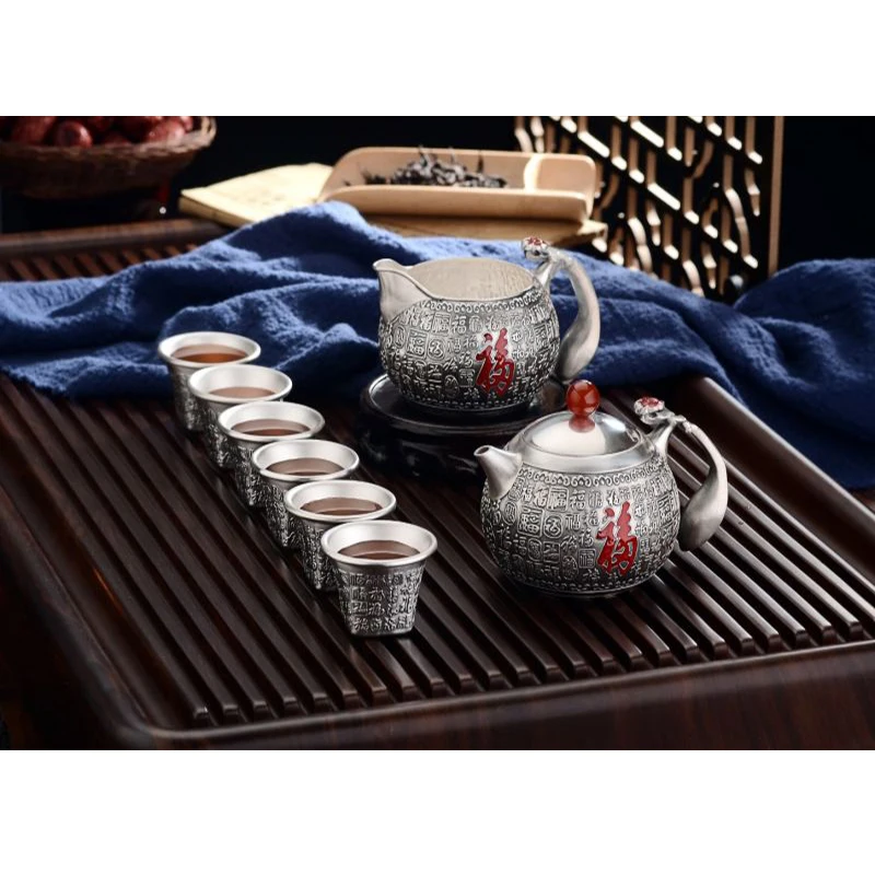 Silver pot 999 sterling silver handmade tea set Japanese retro teapot kettle home tea ceremony Kungfu tea set 250ml