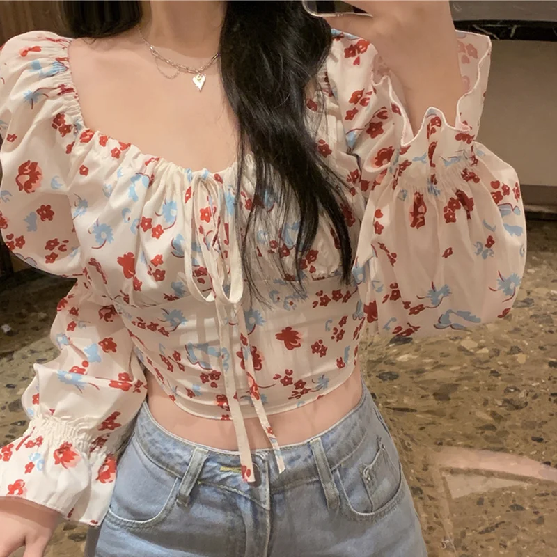 Floral Blouses Women Girls Lovely Square Collar Casual Design Sweet Harajuku Cropped Clothing Tops Vintage Stylish Aesthetic Ins