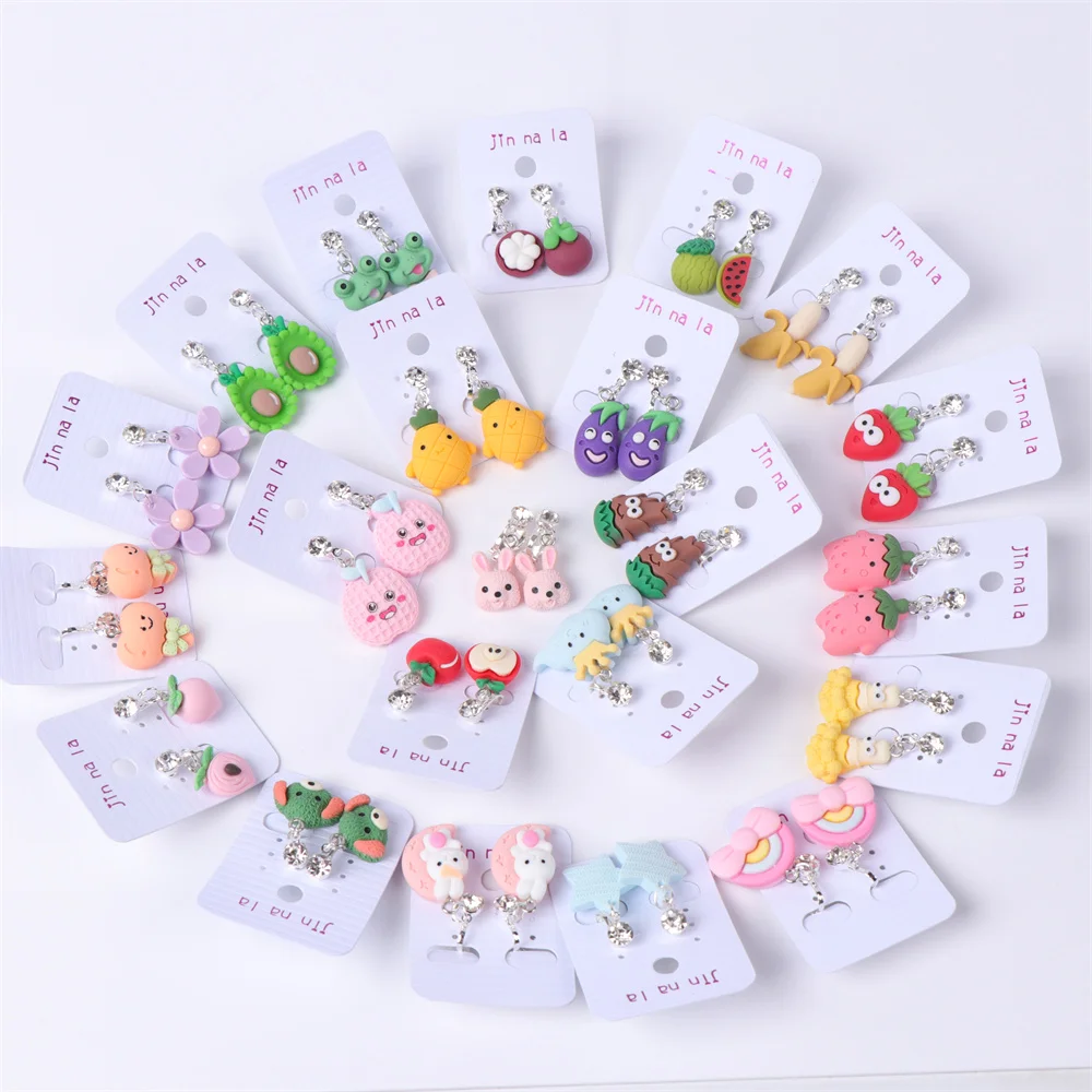 20Pcs/Lot Cute Colorful Animal Fruit Clip on Earrings For Girl Kid Children Mix Style Fashion Jewelry Gifts