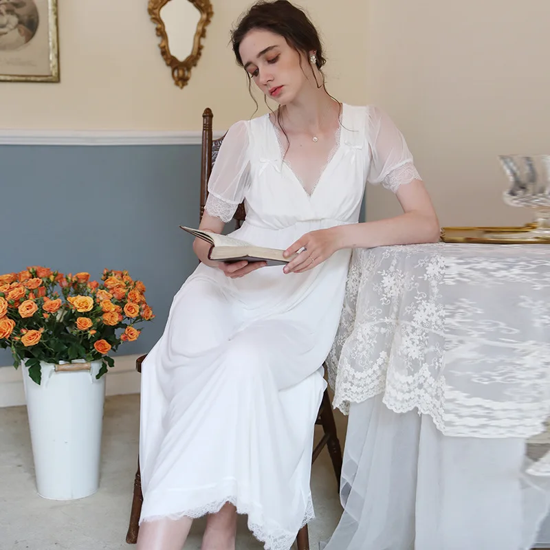 

Fairy Long Night Dress Women White Mesh Modal Short Sleeve Sexy Nightie Victorian Vintage Romantic Nightgowns Princess Sleepwear