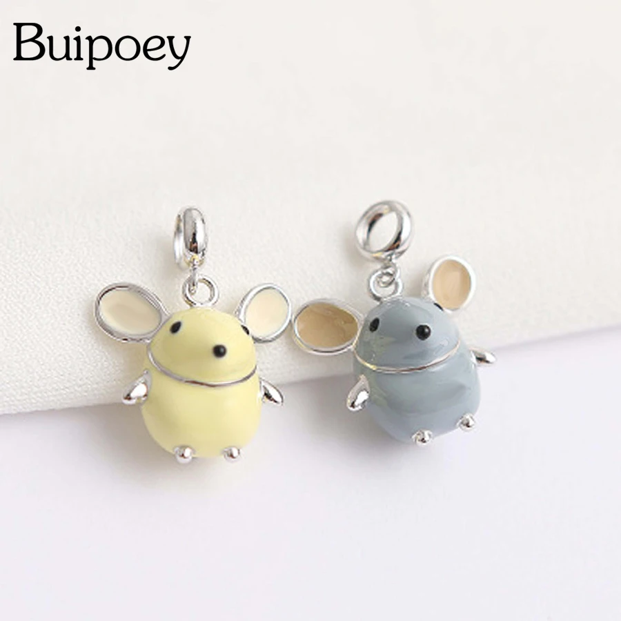 Buipoey 2pcs Enamel Mouse Pendant Big Ears Mouse Zodiac Rat Charms Fit Brands Necklace Bracelet Animal Jewelry For Women