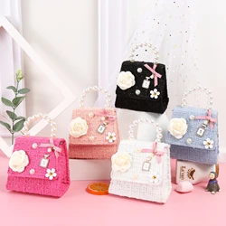 Kids Single Shoulder Bag Mini Plush Flowers Bowknot Handbag with Pearl Handle Cute Crossbody Bag for Girls