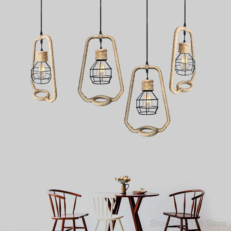 

Black Iron Hemp Rope Pendant Light Bedroom Living Room Stair Home Decor Hanging Light Creative Coffee Store Dining Room Light