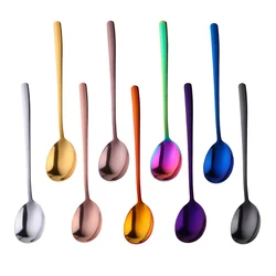 10Pcs Stainless Steel Spoon With Long Handle Coffee Spoon Colorful Dessert Tea Spoons Home Kitchen Tableware Spoons