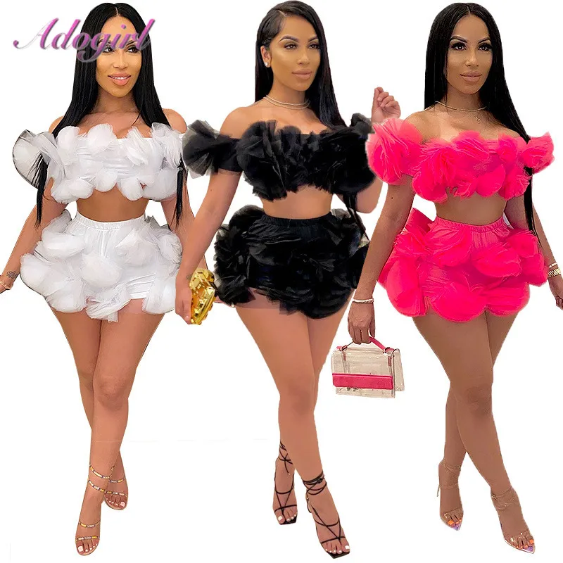 Sexy Party Club Two Piece Sets Women Solid Floral Shher Mesh Slash Neck Crop Tops Shorts Pants Suit Outfit Plus Size Tracksuit