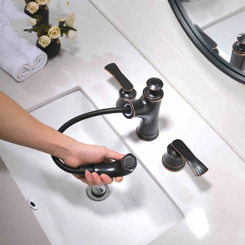 Oil Rubbed Bronze brass bathroom sink faucet three holes two handles ORB basin mixer faucet top quality cold hot Pull out faucet