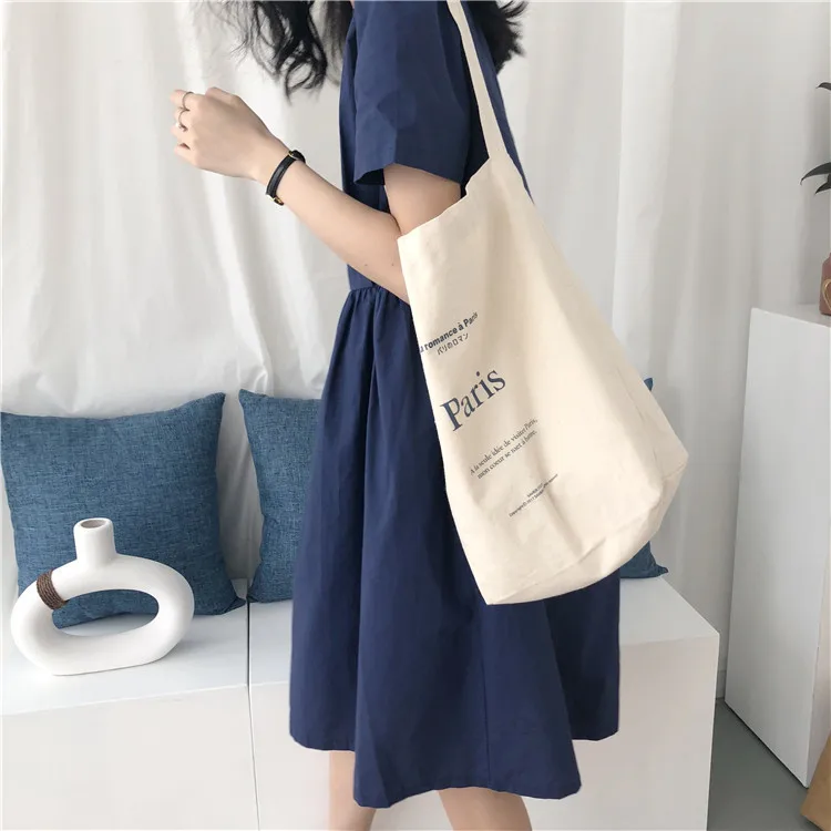 Women\'s Canvas Shoulder Bag Letters Printing Ladies Casual Handbag Totes Reusable Cotton Cloth Large Shopping Travel Beach Bag