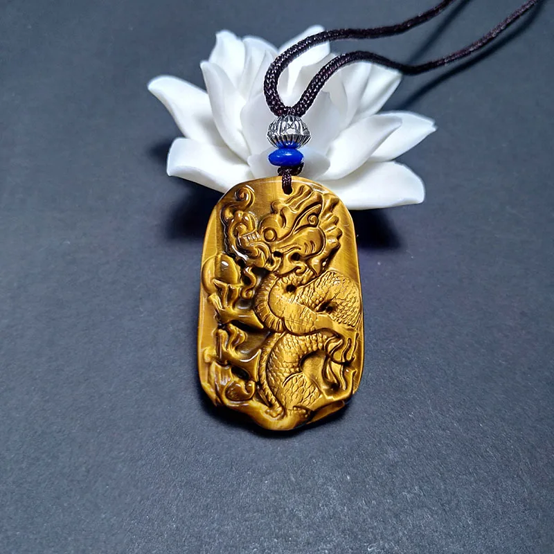 QIANXU Drachen Halskette Anhänger Tiger Auge Stein Jade Anhänger Edelstein Schmuck Glück Amulett Schmuck Jade Schmuck