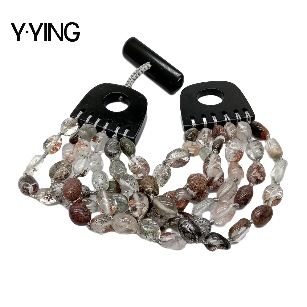 

Y·YING Natural 6 Rows Phantom Quartzs Oval Nugget Bracelet 8" Onyx clasp handmade for women