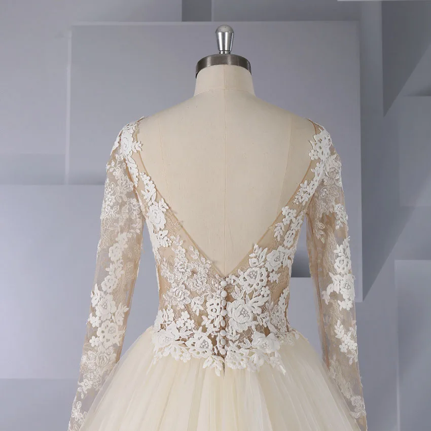 Personalizado feito de luxo a linha vestidos de casamento rede cetim applique rendas até o chão vestido nupcial tribunal trem sem costas