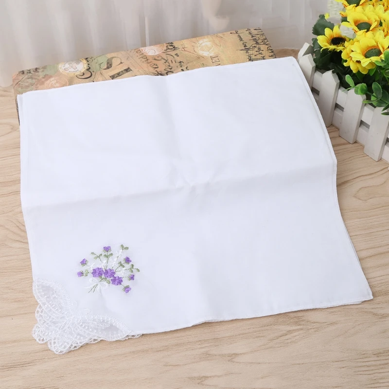 6 Pcs Vintage Cotton Ladies Embroidered Lace Handkerchief Women Floral Hanky