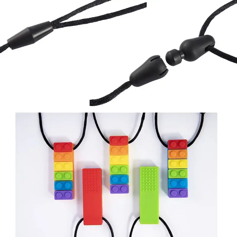 1PC Rainbow Brick Chew Necklace Baby Silicone Teether Autism Sensory Chewy Toys