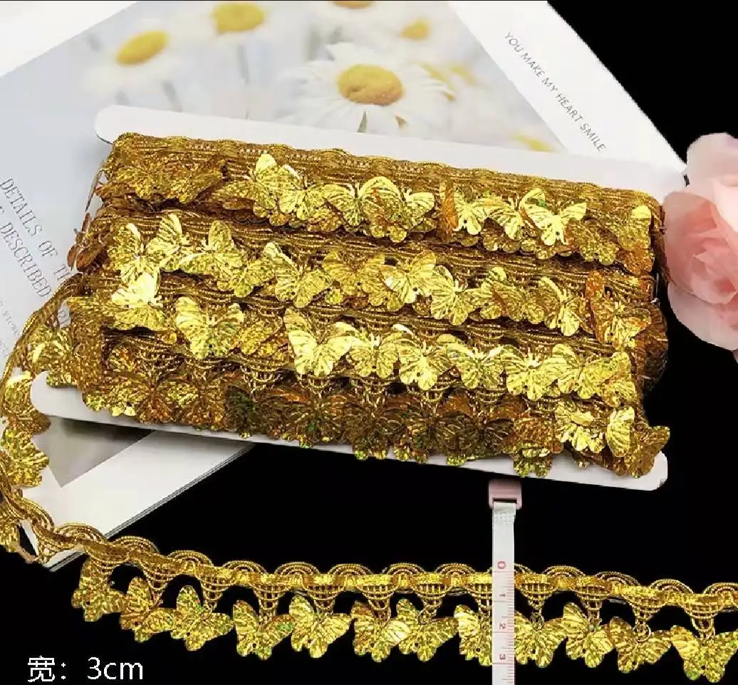 

10 ярдов/лот, металлическое золотое кружево с гребешком, блестящие бабочки, кисточки, кружевная отделка