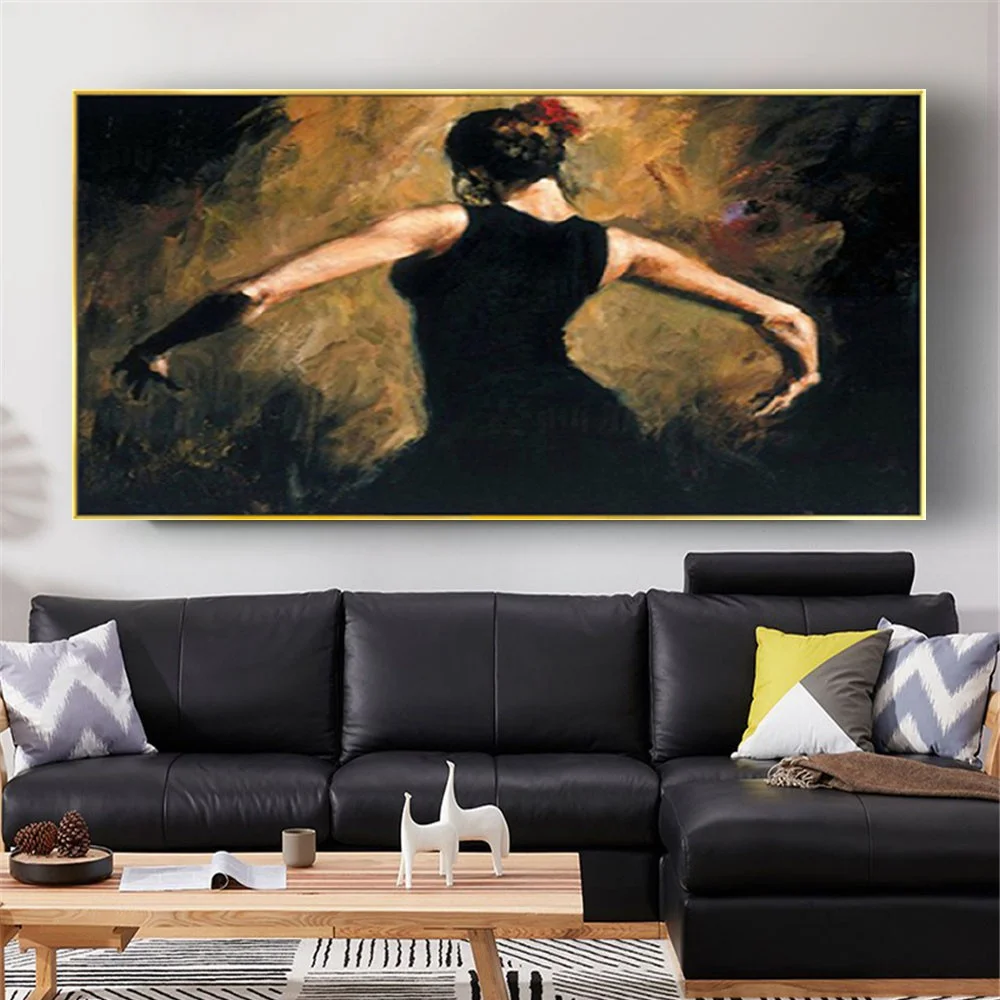 

100% Hand-Painted Dark Black Oil Painting Portrait Poster Spanish Girl Dancer Modern Canvas Picture Modern Home Decor Wall Art