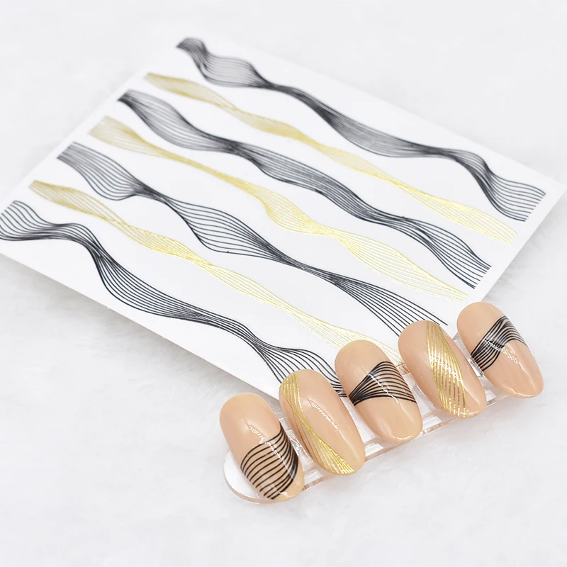 10PCS 3D Gold And Silver Black And White Line Nail Art Stickers DIY Curve With Self-adhesive Nail Art Decoration Decals