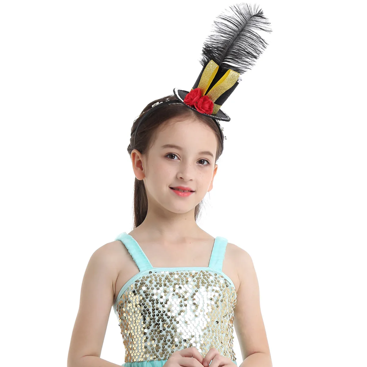 Halloween Kids Girls Hair Hoop Headdress Fancy Steampunk Mini Top Hat Feather Rose Fascinator Headband Carnival Party Costume