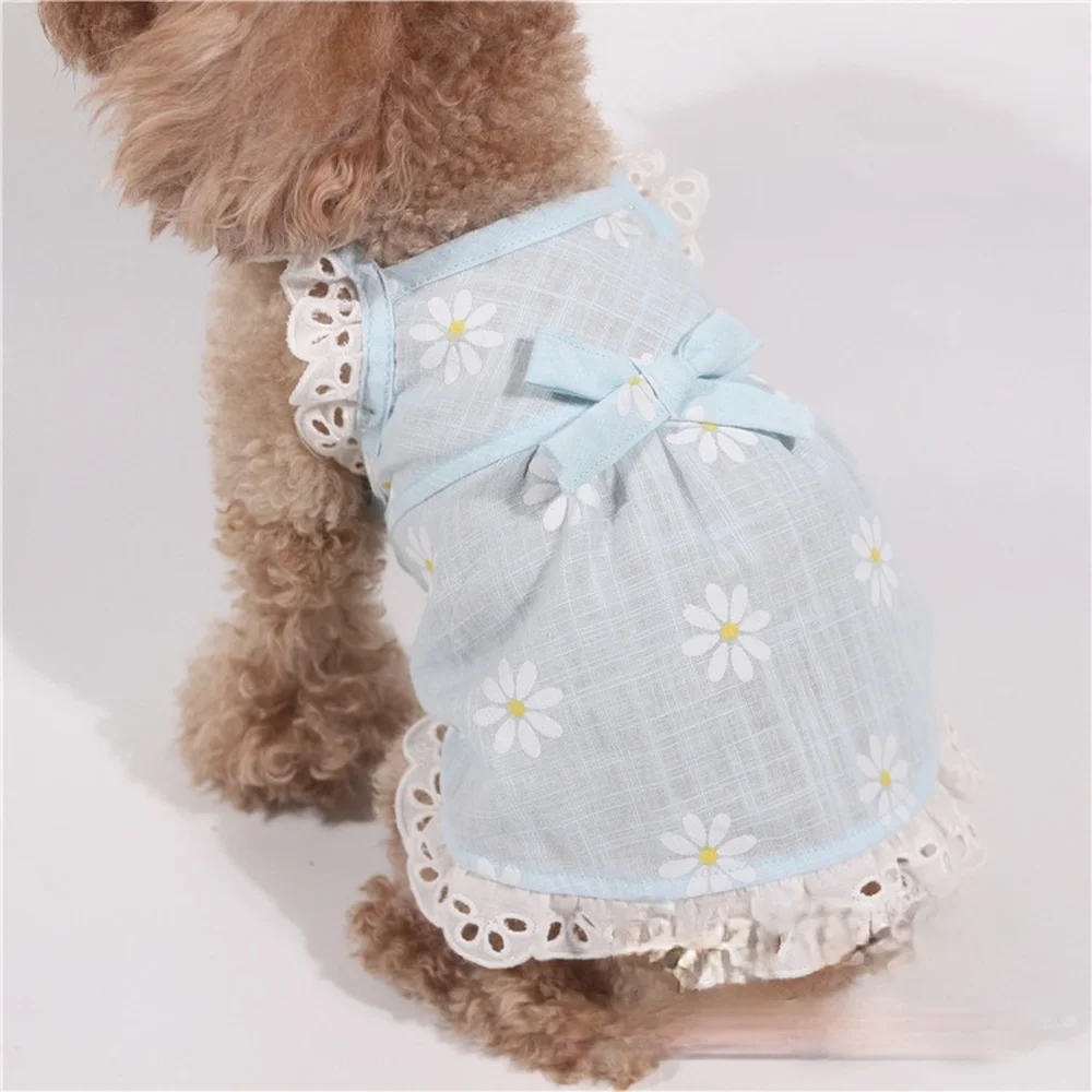 Pet Clothes Summer Clothes Linen Cotton Sling Flying Sleeve Daisy Flower Doll Skirt Pet puppy clothes cat dresses chihuahua