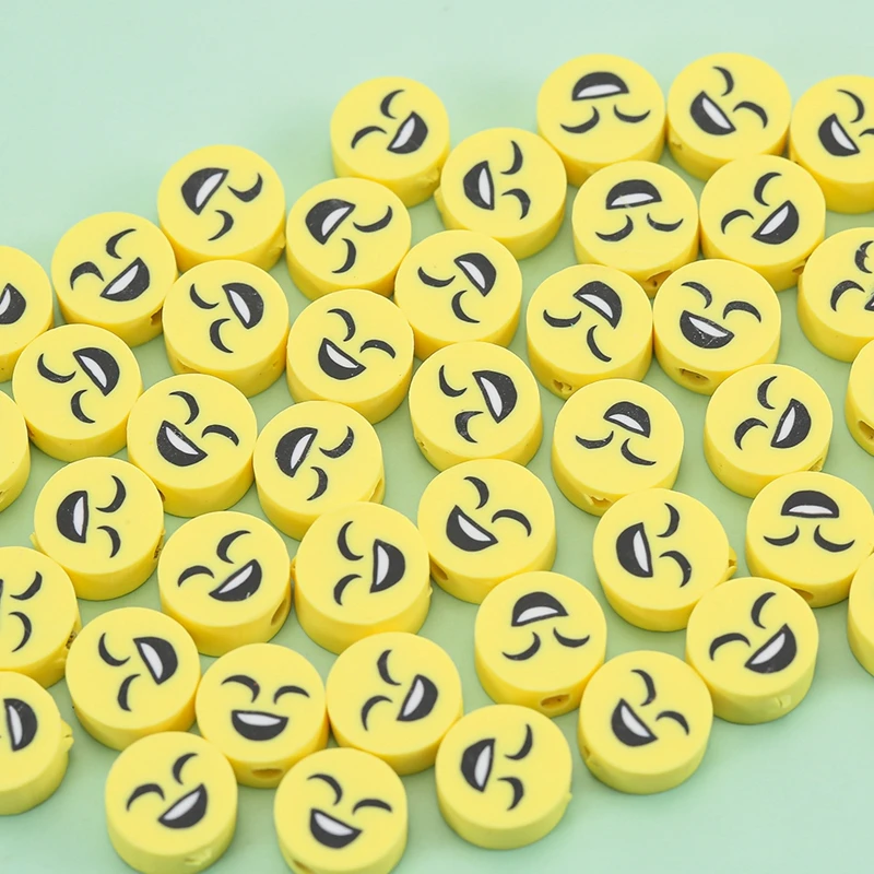 50Pcs Yellow Round Smile Face Clay Beads Polymer Chip Disk Loose Spacer Beads for Necklace Bracelets Jewelry Making DIY Supplies