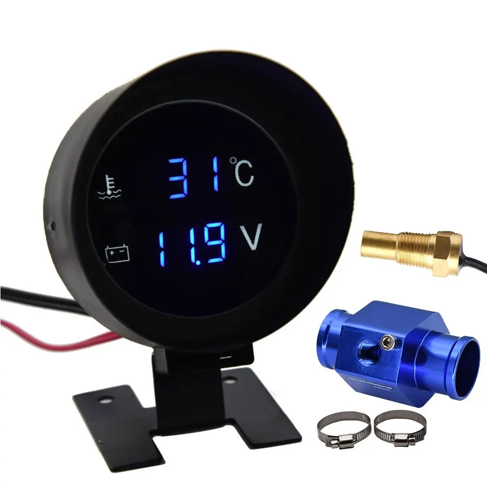 Car Digital Led Water Temperature Gauge -10-110 Celsius With Water Temp Joint Pipe Sensor 10MM Adapter 1/8NPT Voltmeter 2 IN 1