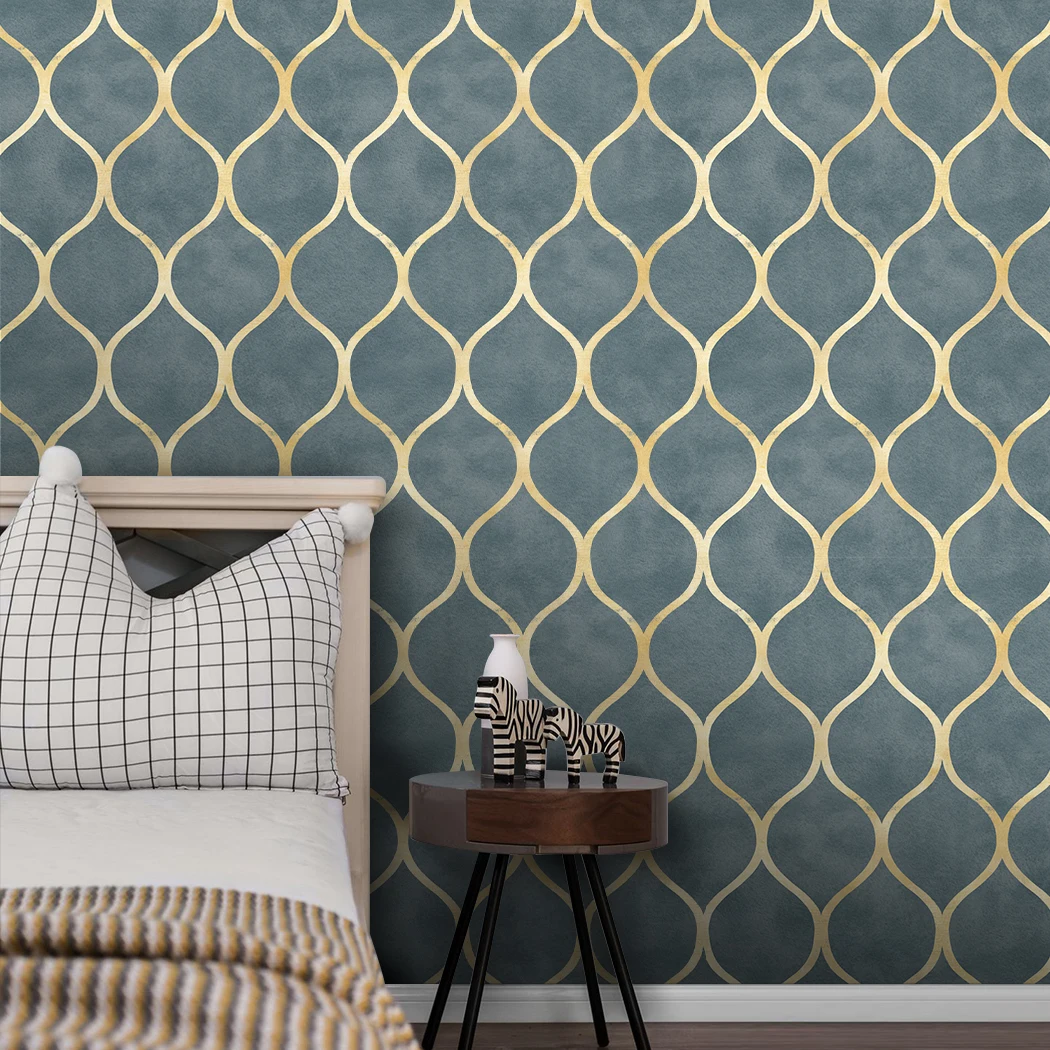 Peel and Stick Wallpaper Graphic Trellis Sapphire Blue/Gold Stripe Removable Contactpaper For Home Bathroom Bedrooom Decorations