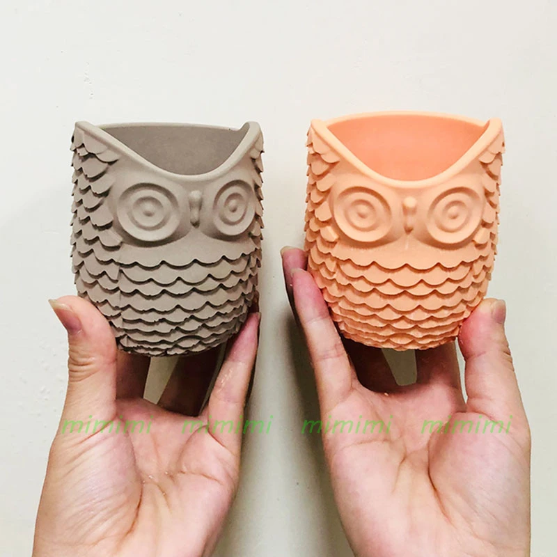 3D Owl Relief Design Concrete Flower Pot Silicone Mold DIY Gardening Tools Aromatherapy Candle Container Plaster Pen Holder Mold