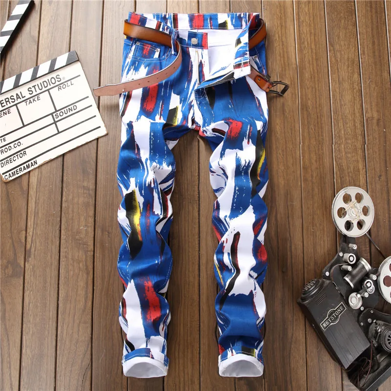 Fashion Streetwear Men Jeans Slim Fit Blue Paint Printed Jeans Men Casual Pants Punk Style Pencil Pants Hip Hop Jeans Homme