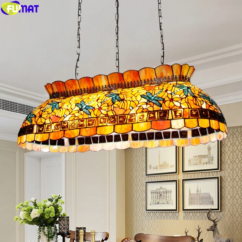 FUMAT Tiffany Style Dinning Room Pendant Lamp Dragonfly Bassinet Mosaic Gold Hanging Light Fixture Stained Glass Art Lighting