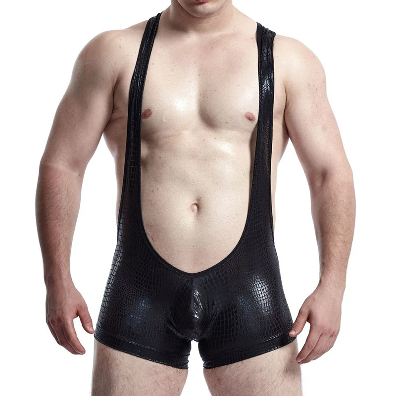 

Sexy Men Bodysuits Leotard Snakeskin PU Leather Bugle Pouch Underwear Shorts Singlet Latex Undershirts Party Clubwear Plus Size