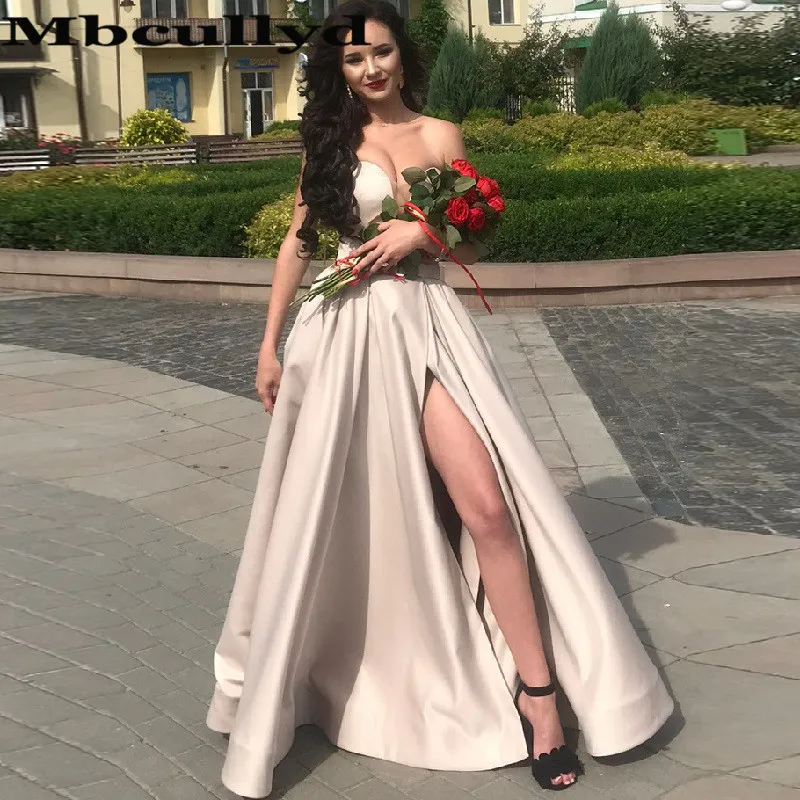 Mbcullyd Champange A-line Long Prom Dresses 2023 Charming Side Split Formal Evening Dress For Women robe de soiree Plus Size