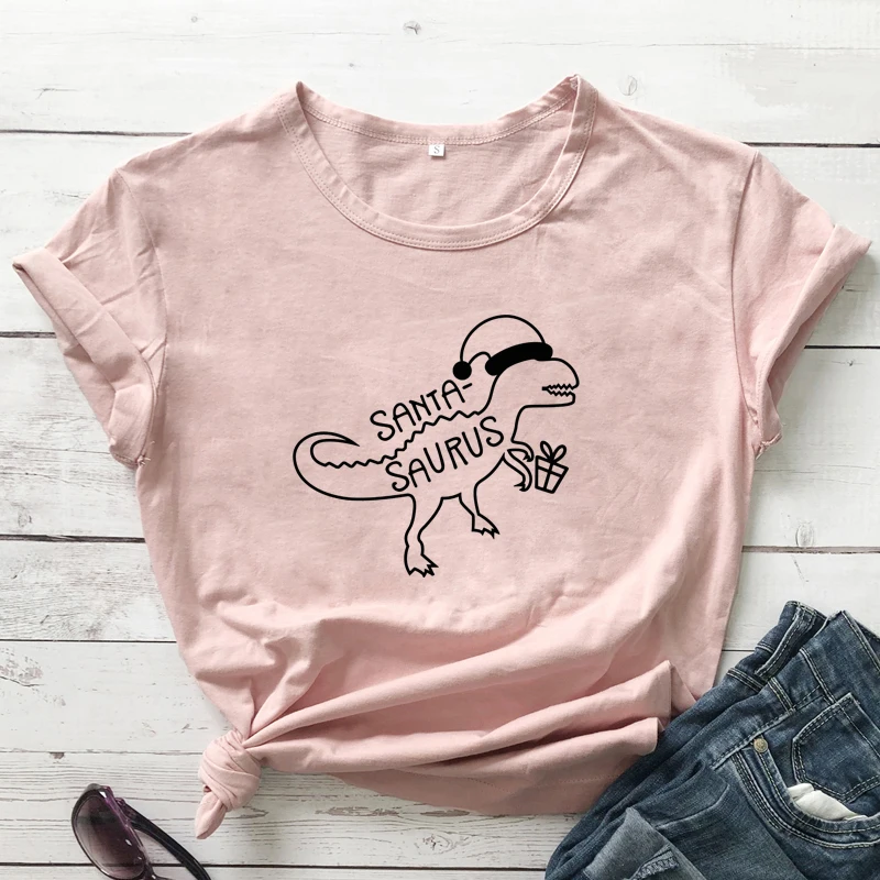 Santa-saurus Funny Women Winter Holiday Gift Tshirt T-shirt Cute Christmas T-Rex Graphic Tee Shirt Top