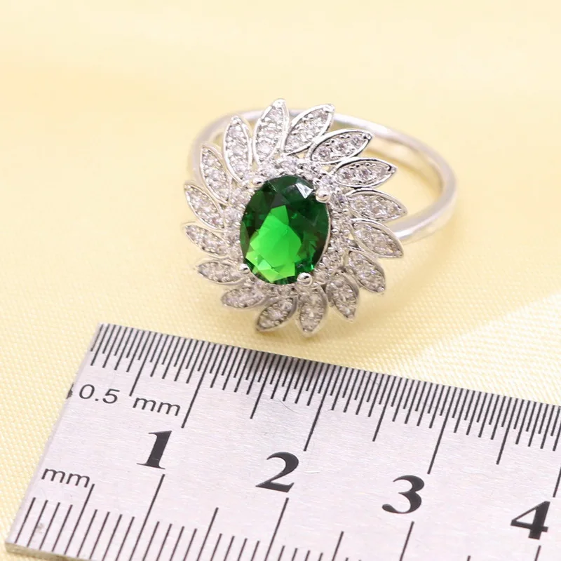 Green Imitated Emerald Crystal White Zirconia Silver color Bridal Jewelry Sets For Women Necklace Pendant Earrings Ring Bracelet