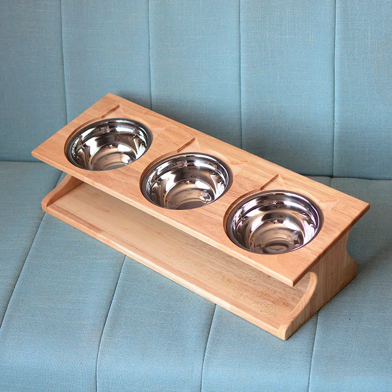 Health Pet Feeder Three Bowls Stainless Steel with Bamboo Frame Stand Dog Cat R9JC