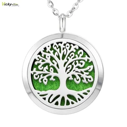 Aromatherapy Essential Oil Diffuser Necklace Tree of Life Pattern Stainless Steel 20 25 30mm Locket Pendant with Chain