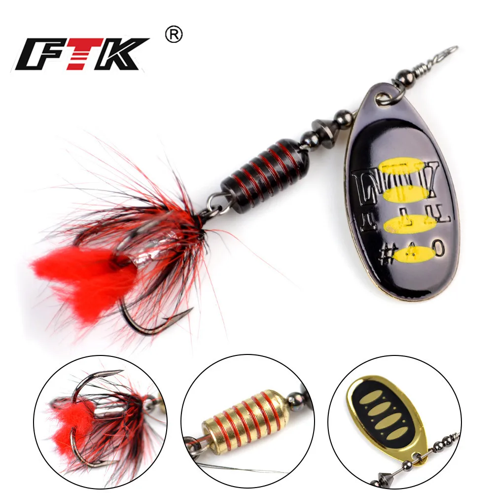 FTK Metal Fishing Lure Spinner Bait 7.5g 12g 17.5g Hard Spoon Bass Lures With Feather Treble Hooks For Pike Fishing